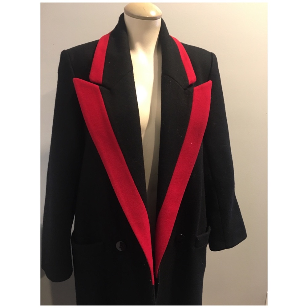 Black Long Pea Coat with Red Contrast Lapel